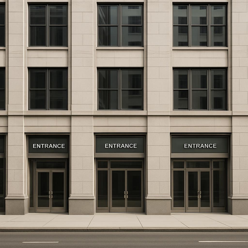 A large, multi-story building with three entrances, each featuring glass double doors, likely serving as a commercial or g...