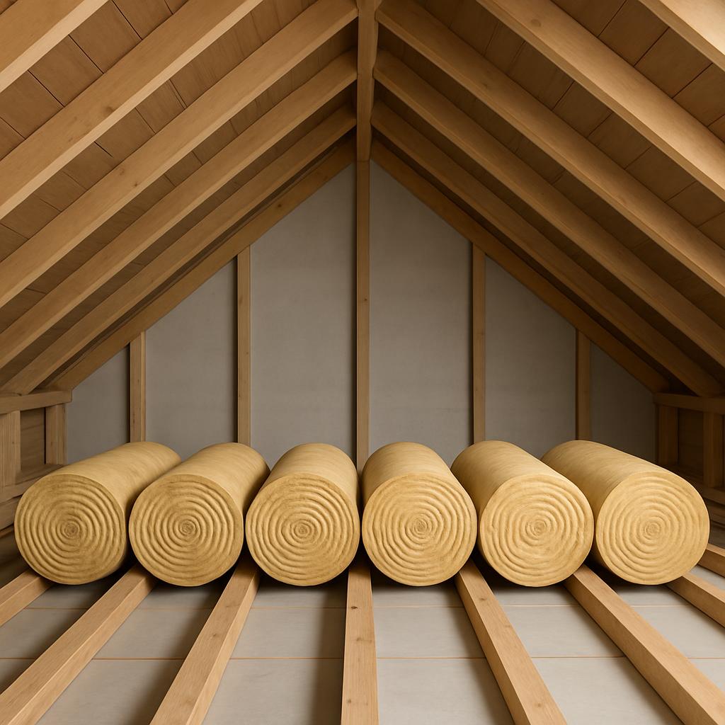 A roll of insulation lies rolled on a diagonal between exposed wooden studs.