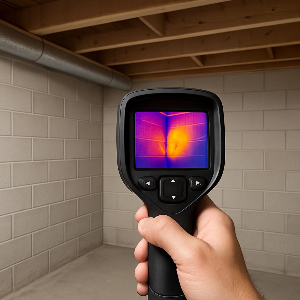 A hand holding a thermal imaging camera with a screen displaying a purple and orange heat map, set against a backdrop of a...