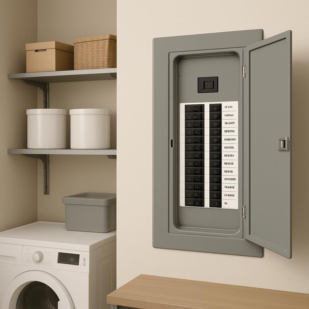 A laundry closet with a gray breaker box mounted to cream-colored walls. The countertop is likely made of wood or laminate...