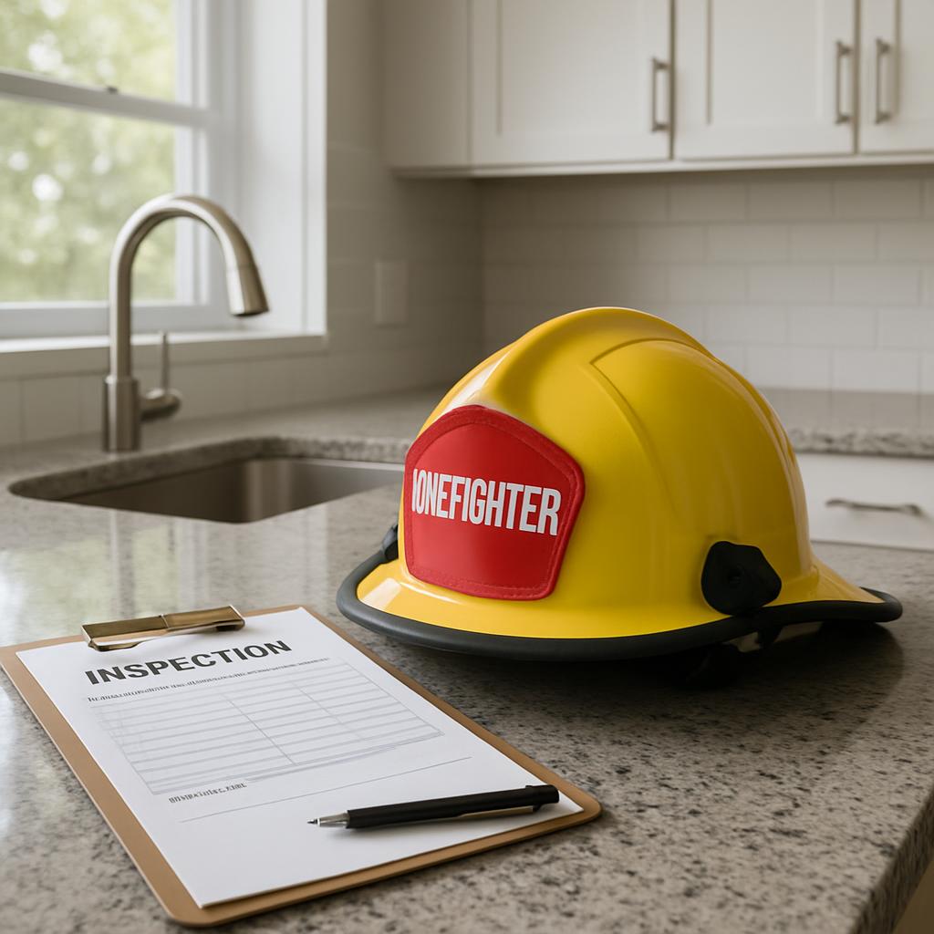 Construction Site Worker with Helmet on Counter Next to Clipboard and Inspection Form.