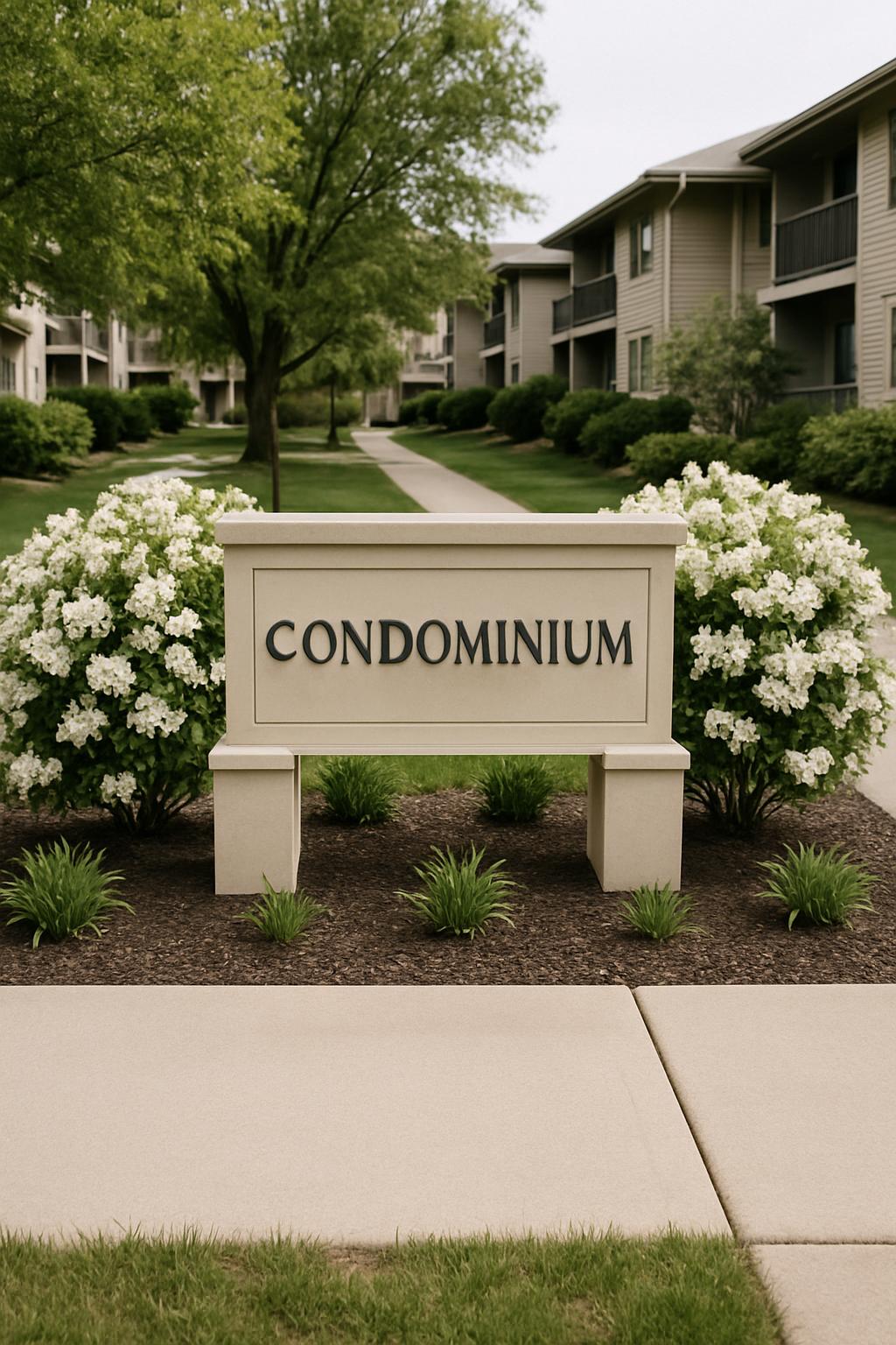 "Sign advertising a condominium in front of the building, with a sidewalk and landscaping"